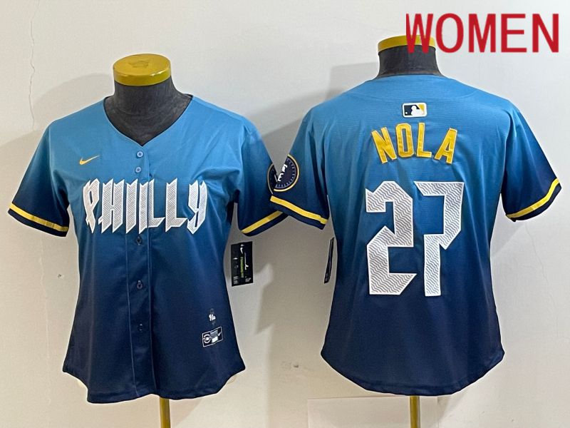 Women Philadelphia Phillies 27 Nola Blue City Edition Nike 2024 MLB Jersey style 1